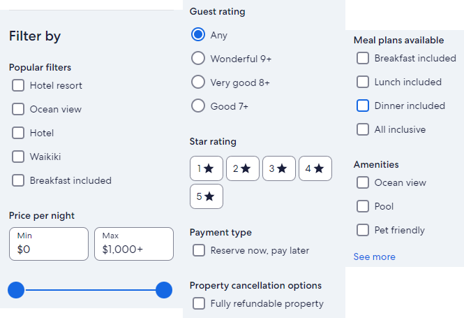 Expedia vs Priceline: Expedia's filters 